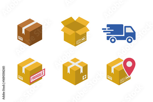 Delivery and parcel icons with package design, cardboard box and fragile sticker illustration, courier truck and location graphics, shipping vector set
