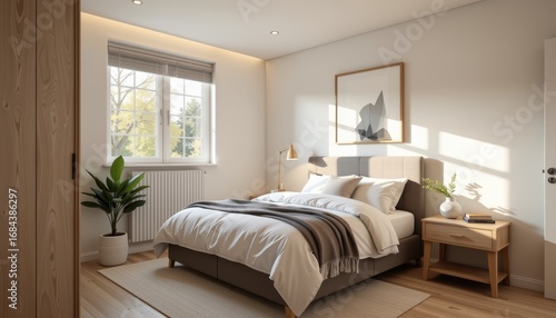 Accessory dwelling unit. Cozy modern bedroom with natural light and stylish decor.