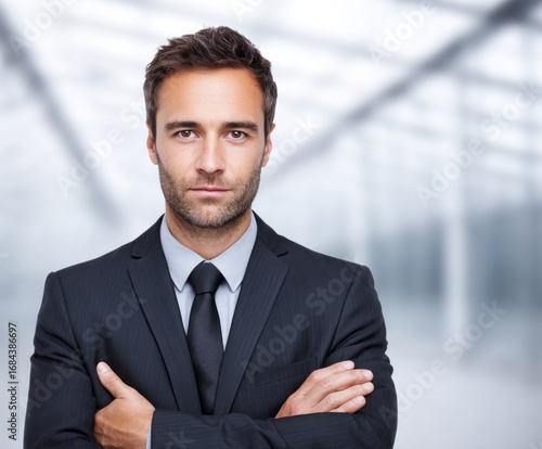 Confident professional man in business suit, arms crossed, against a blurred modern office backdrop.