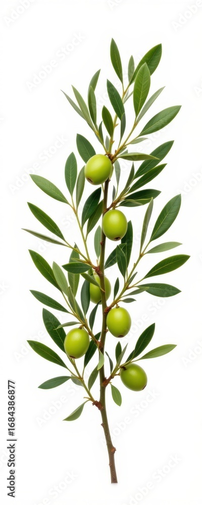 Fototapeta premium Close-up of a healthy olive branch with green olives and elongated green leaves on a white background demonstrating natural botanical detail