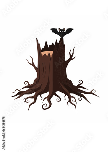 Isolated vector illustration of a creepy dead tree stump with twisted roots and a spooky black bat, a perfect symbol for Halloween night