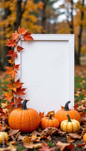 Beautiful outdoor autumn scene with vibrant orange pumpkins and colorful fall leaves framing a blank white picture frame in a park du fall season