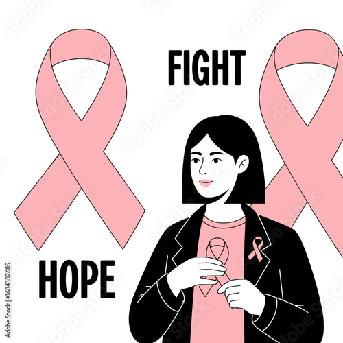 Woman showing pink ribbon symbolizing hope and fight against breast cancer  