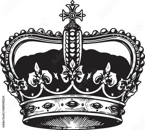Ornate Royal Crown in Black and White Detailed Illustration of Majestic Headwear Symbol of Power and Authority