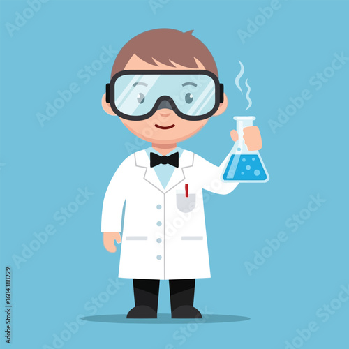 Smiling young scientist holding beaker with blue liquid in laboratory, conducting experiment with safety goggles and white coat, showcasing scientific discovery.