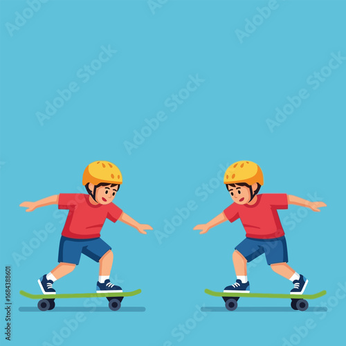 Twin boys skateboarding side by side on a blue surface, wearing helmets and casual clothes, showcasing youthful energy and playful activity.