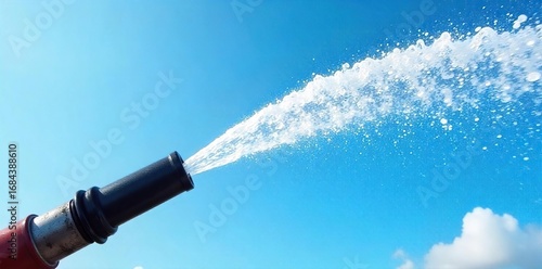Powerful water jet from a fire hose, spraying a high arc of water against a clear blue sky Perfect for fire safety, water pressure, or industrial cleaning concepts , equipment, hose reel
