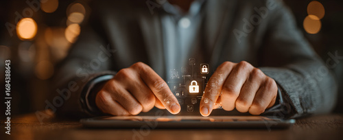 Professional analyzing tablet with virtual lock icons and network security graphics, showcasing cybersecurity, data privacy, IT solutions, and digital information protection systems.