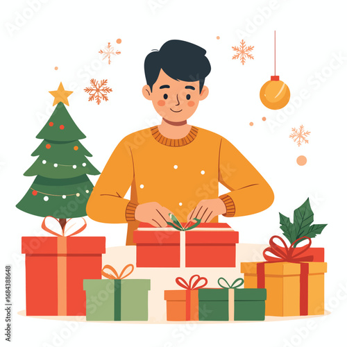 A young person happily unwrapping Christmas presents, surrounded by festive decorations.