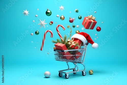 Christmas composition with shopping cart with flying gifts, ornaments, candy canes and Santa cap on vibrant blue background. Creative Xmas or New year concept. 3d rendering.