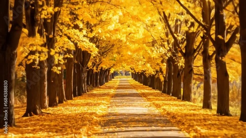 Golden Canopy: Autumnal Path Through Tree-Lined Avenue in Vibrant Fall Foliage