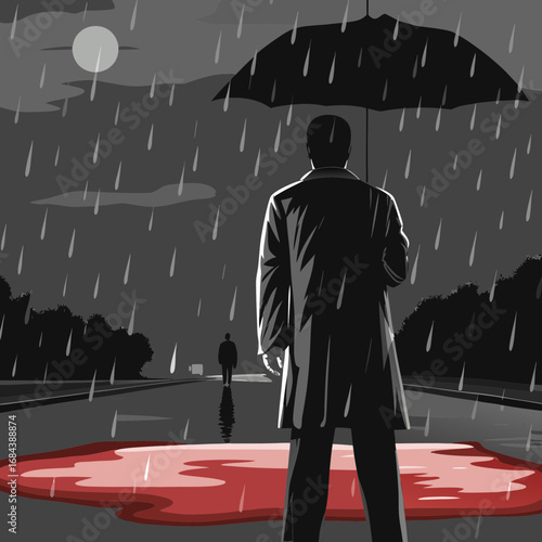 Vector art of a solitary man with an umbrella stands in the rain at night, creating a moody and atmospheric scene