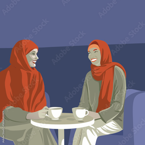Vector art of two happy muslim women in hijab chatting over coffee at a cafe, enjoying a friendly conversation and sharing a cup of tea