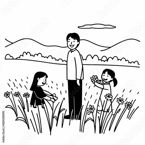 Vector art of a father and his two daughters picking flowers in a field, enjoying a happy family moment in nature with mountains in the background