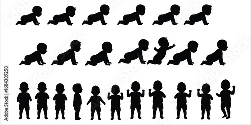 Collection of baby silhouettes crawling and standing on white background Keywords: baby, infant, child
