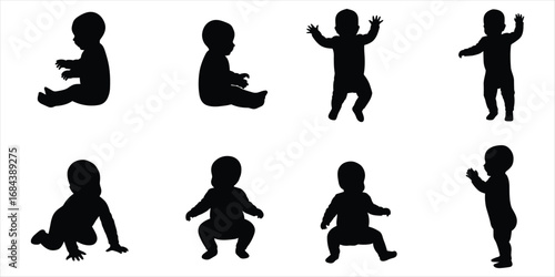 Collection of baby silhouettes in various poses on white background Keywords: baby, infant, child