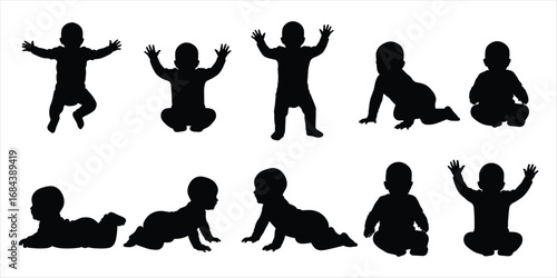 Collection of baby silhouettes showing crawling and standing poses on white background infant child