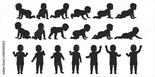 Collection of Black Silhouette Baby Crawling and Standing Poses on White Background infant child