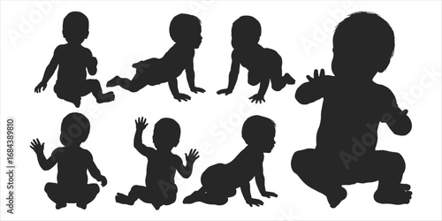 Eight black baby silhouettes in various poses on white background Keywords: baby, infant, child