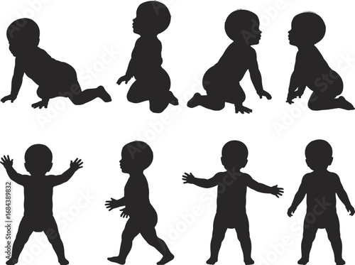Eight baby silhouettes in crawling and standing poses on white background Keywords: baby, infant