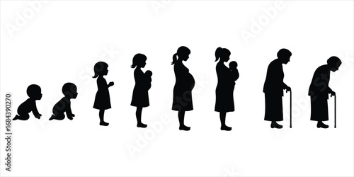 Female Life Stages Silhouette Progression from Baby to Elderly Woman evolution