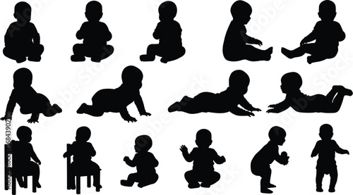 Fifteen Black Silhouettes Of Babies In Various Poses On A White Background baby infant