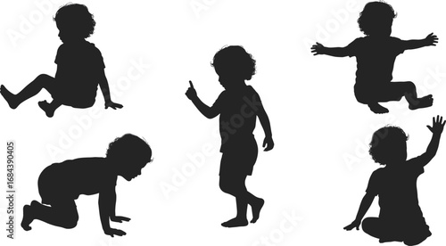 Five toddler silhouettes in different playful and developmental poses on white background Keywords