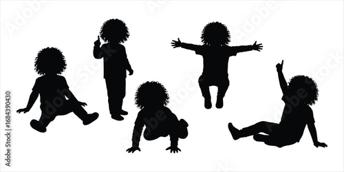 Five Black Silhouettes Of A Child With Curly Hair In Different Poses baby toddler