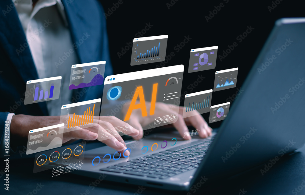 Fototapeta premium Businessman using laptop with AI data analytics dashboard interface. Concept of artificial intelligence in business intelligence, big data analysis, machine learning prediction, smart visualization