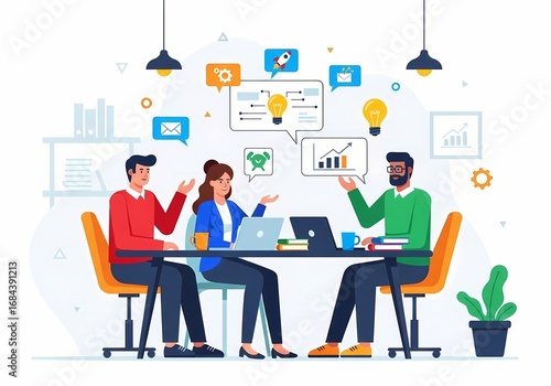Office teamwork flat illustration with employees collaborating on startup project