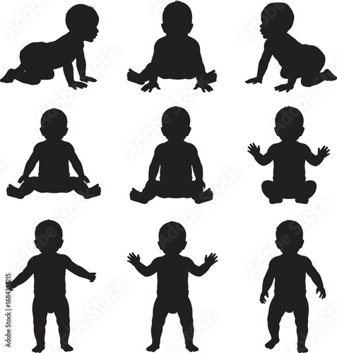 Nine Black Baby Silhouettes in Different Poses on White Background infant child