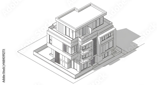A 3D isometric architectural sketch of a modern, multi-level house with a flat roof.