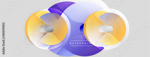Abstract design features overlapping circles, gradients, soft shadows. Modern aesthetic, suitable for backgrounds, presentations.
