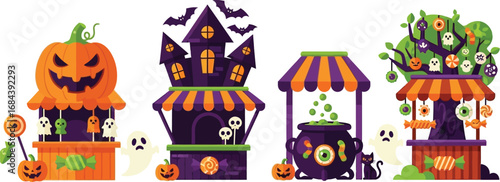 Halloween market stalls with pumpkin, haunted house, cauldron, and tree halloween party invitation, banner, poster