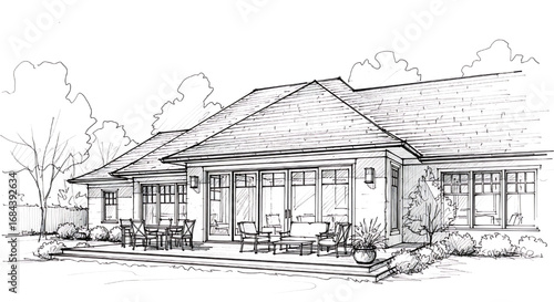 An architectural sketch of a classic country house with a simple, rustic design.