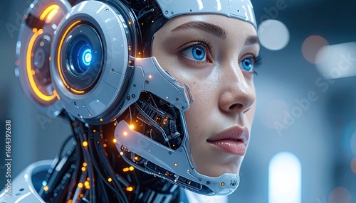 Closeup Portrait of a Female Cyborg with Biomechanical Enhancements and Digital Displays