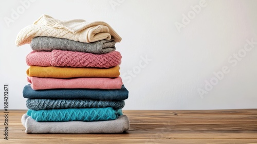 32.A top-down view of a neat stack of freshly laundered women's clothes neatly folded on a wooden table. The pile includes colorful shirts and cozy sweaters, arranged perfectly to showcase a clean,