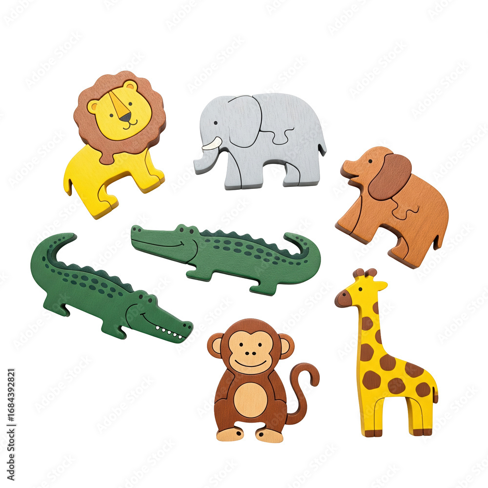 Fototapeta premium A vibrant collection of cartoon safari and jungle animal puzzle pieces, crafted in a charming wooden style for educational play and early childhood development.