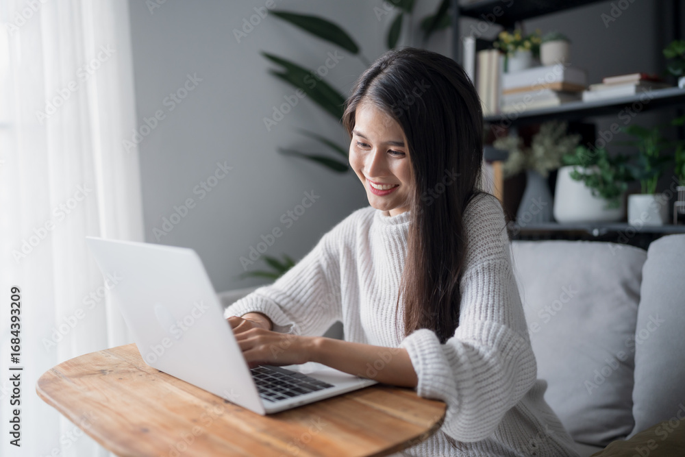 Fototapeta premium Asian Businesswoman VDO Call Conference Work talk chat online video call on laptop webcam conference working with laptop online briefing E learning and social distancing concept