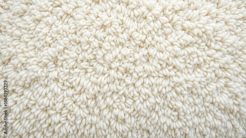Texture of soft and cozy creamy white shag rug showcasing a fluffy surface for abstract background or design element