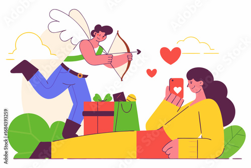 Cupid's aim awaiting love young woman gift boxes hearts valentine's day romance flying