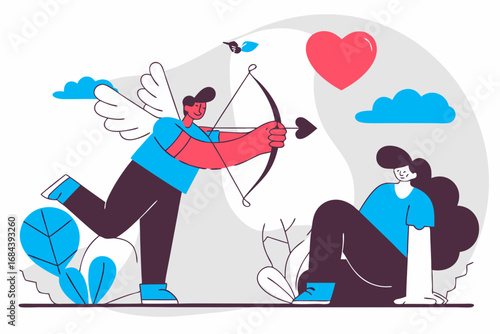 Charming cupid aiming bow and arrow at person in flat style for valentine's day romance