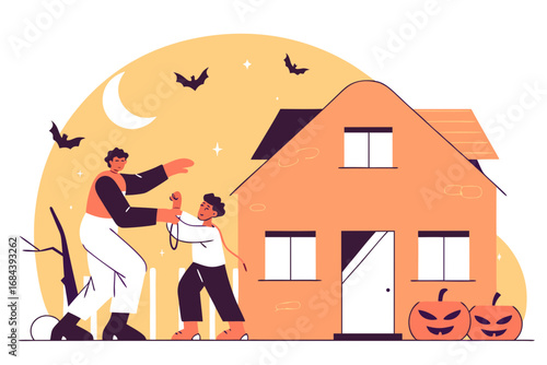 Spooky haunted house with bats and moon awaiting trick-or-treaters on halloween night