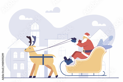 Festive santa claus riding sleigh pulled by reindeer with gift bags and snowy scenery