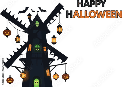 A spooky haunted windmill with lanterns is perfect for halloween designs and illustrations