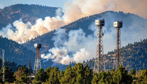 Communication Towers Amidst Wildfire Smoke in Mountainous Terrain