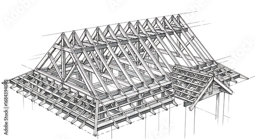 An architectural drawing showing the wooden roof truss structure of a house.