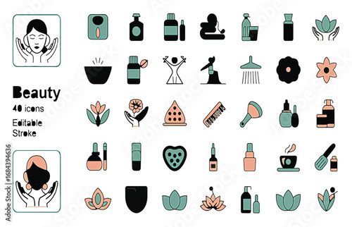 Set of 48 elegant beauty and wellness icons featuring skincare, spa, and self-care elements, perfect for digital and print design projects