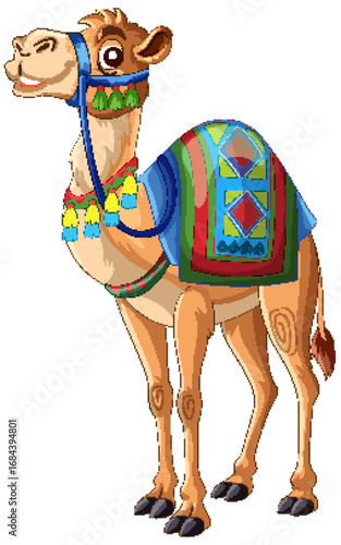 Smiling Camel with Colorful Saddle Blanket in Cartoon Style