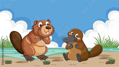 Cartoon Platypus and Beaver by Riverside on Sunny Day